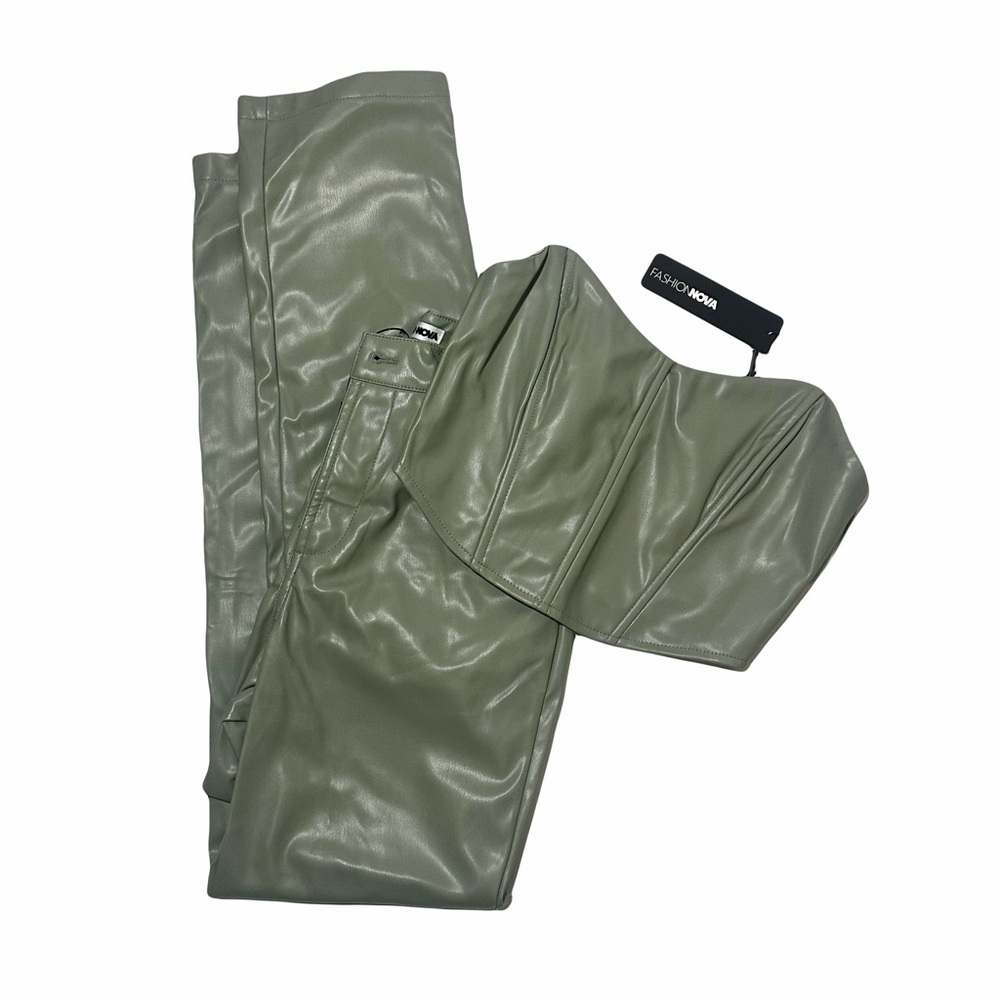 FASHION NOVA Sage Green Strapless Faux Leather Matching Set